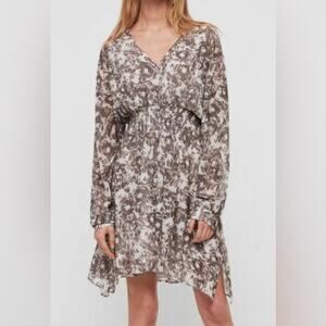 All saints Nicholas Rosa gray shear long sleeve smocked waist dress with pockets